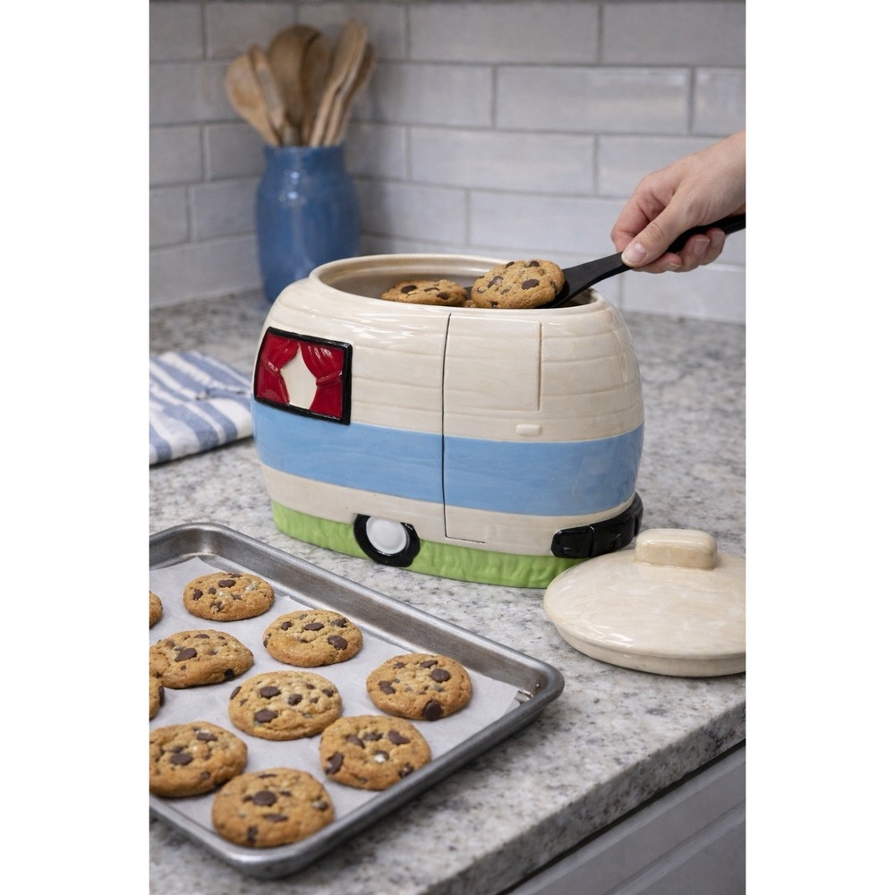 Creative Co-op Happy Camper Cookie Jar Kellie Montana Ceramic Camper R V Kitchen